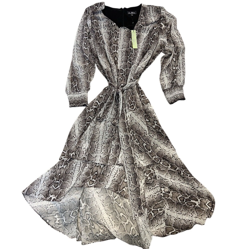 Sam Edelman Dress Snakeskin Tiered Ruffles Belt High Low  Hem Lined Brn/Gray 2XL